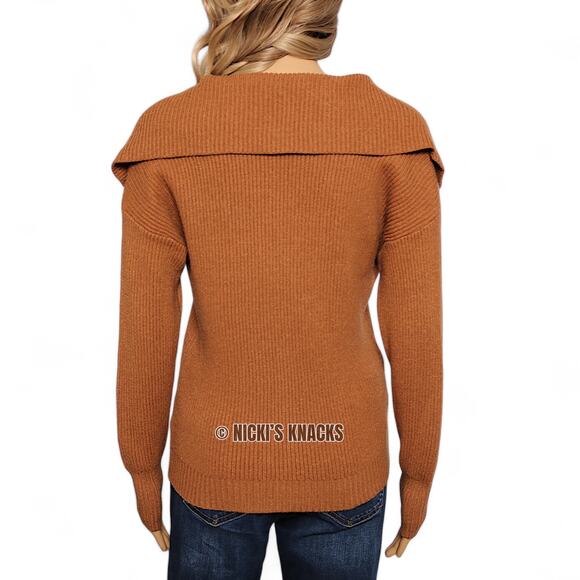 Cyrus Lapel V-Neck Sweater Tawny Ribbed Knit Soft Pullover Preppy Fall Size XS - Picture 5 of 9